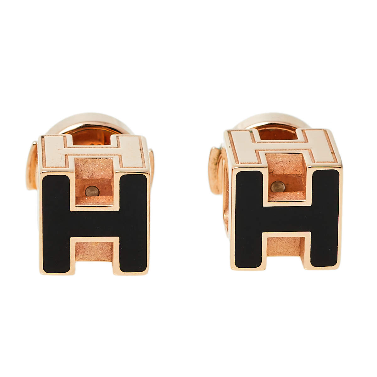 Pre Owned Hermes Cage d'H Black Lacquer Rose Gold Plated Stud Earrings