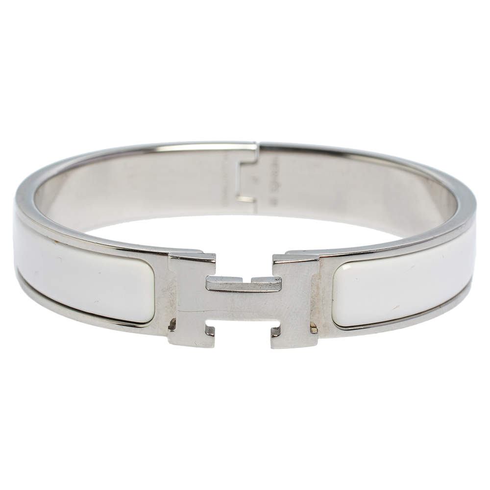 Pre Owned Hermès Clic H White Enamel Palladium Plated Narrow Bracelet PM 