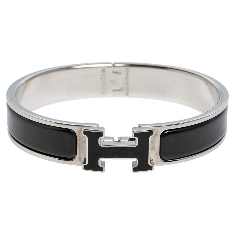 Pre Owned Hermès Clic H Black Enamel Palladium Plated Narrow Bracelet PM