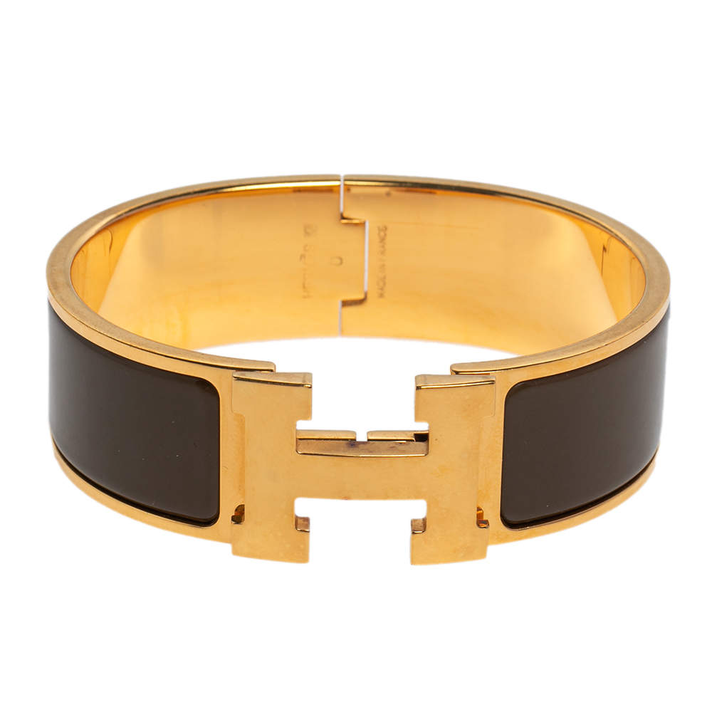 Hermès Clic Clac H Brown Enamel Gold Plated Wide Bracelet PM