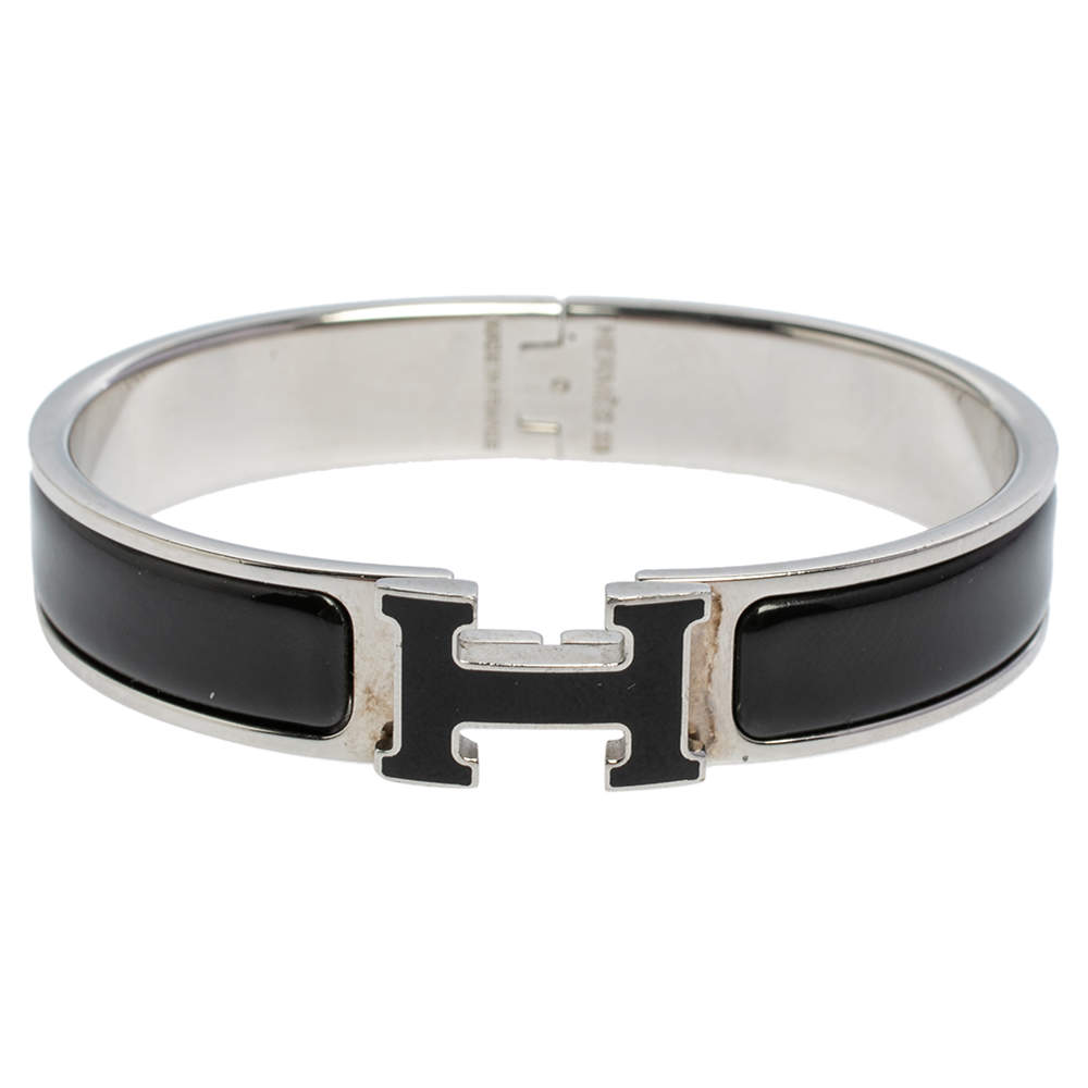Pre Owned Hermès Clic H Black Enamel Palladium Plated Narrow Bracelet PM