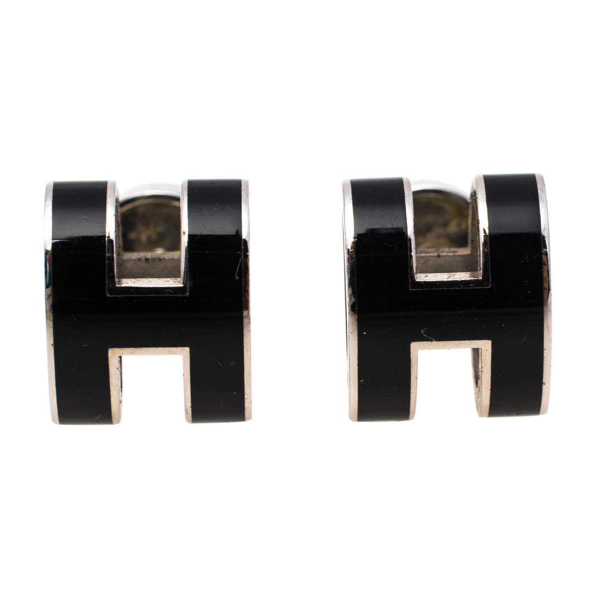 Pre Owned Hermès Pop H Black Lacquered Palladium Plated Stud Earrings