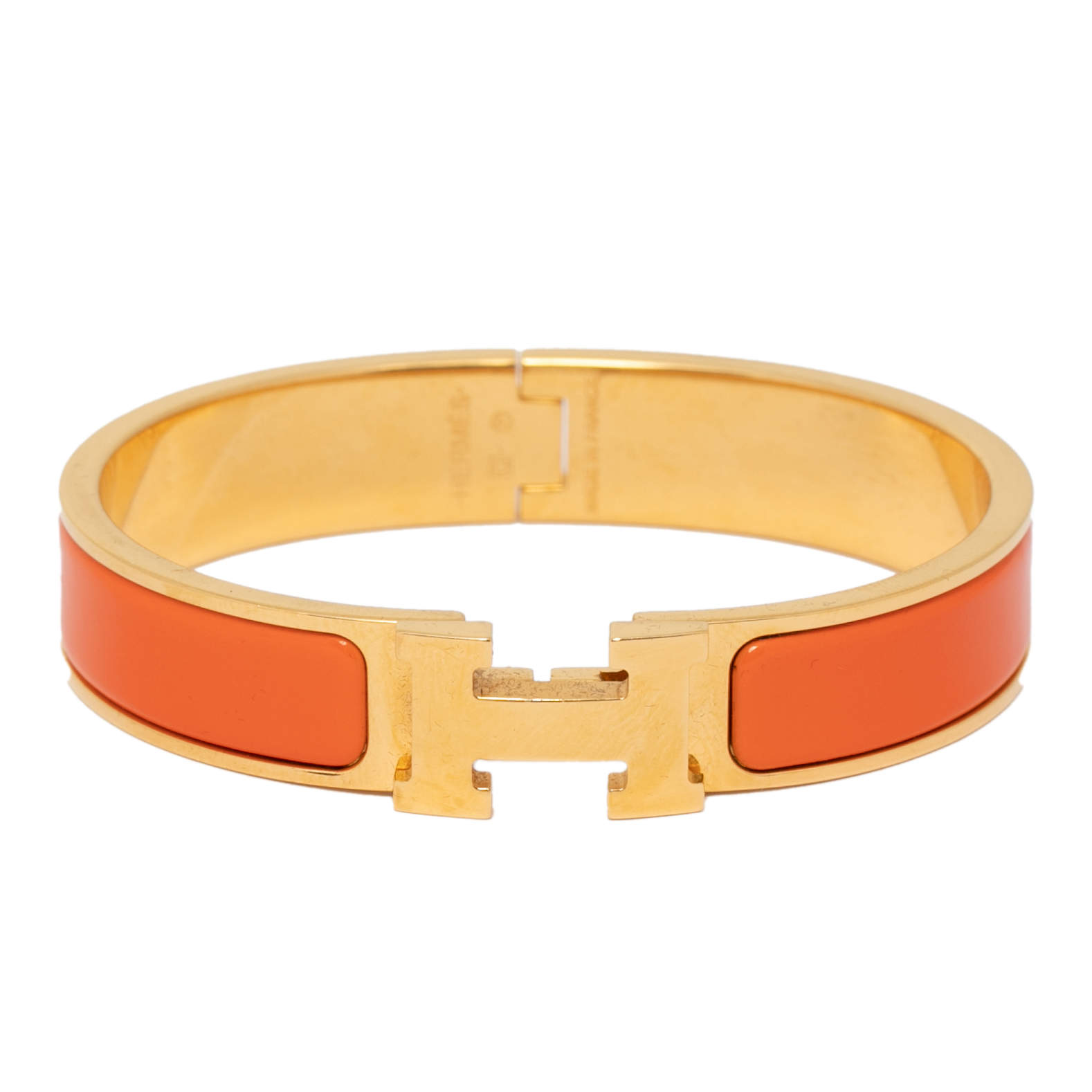 Pre Owned Hermès Clic H Orange Enamel Gold Plated Narrow Bracelet PM
