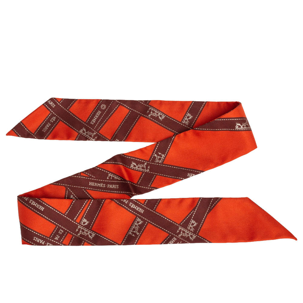 Hermes Orange & Brown Logo Ribbon Bolduc Silk Twilly Hermes | The ...