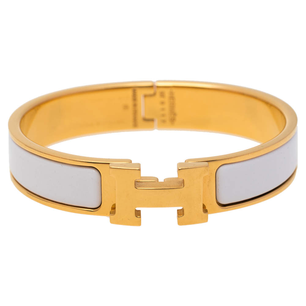 Pre Owned Hermès Clic H White Enamel Gold Plated Narrow Bracelet PM 