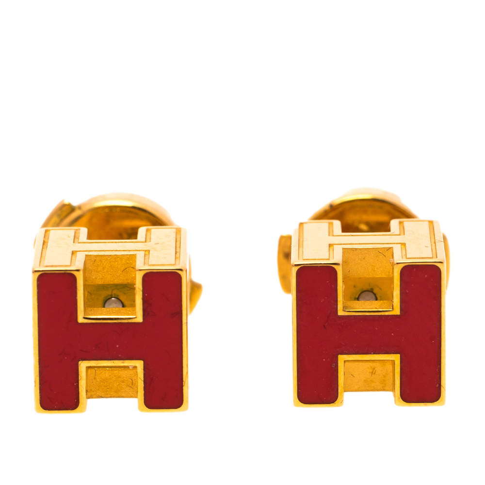 Pre Owned Hermes Cage d'H Red Lacquer Gold Plated Stud Earrings