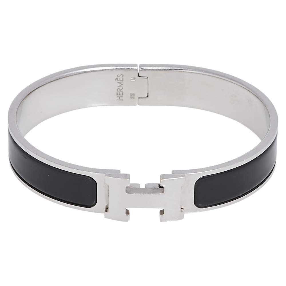 Pre Owned Hermes Clic H Black Enamel Palladium Plated Narrow Bracelet PM