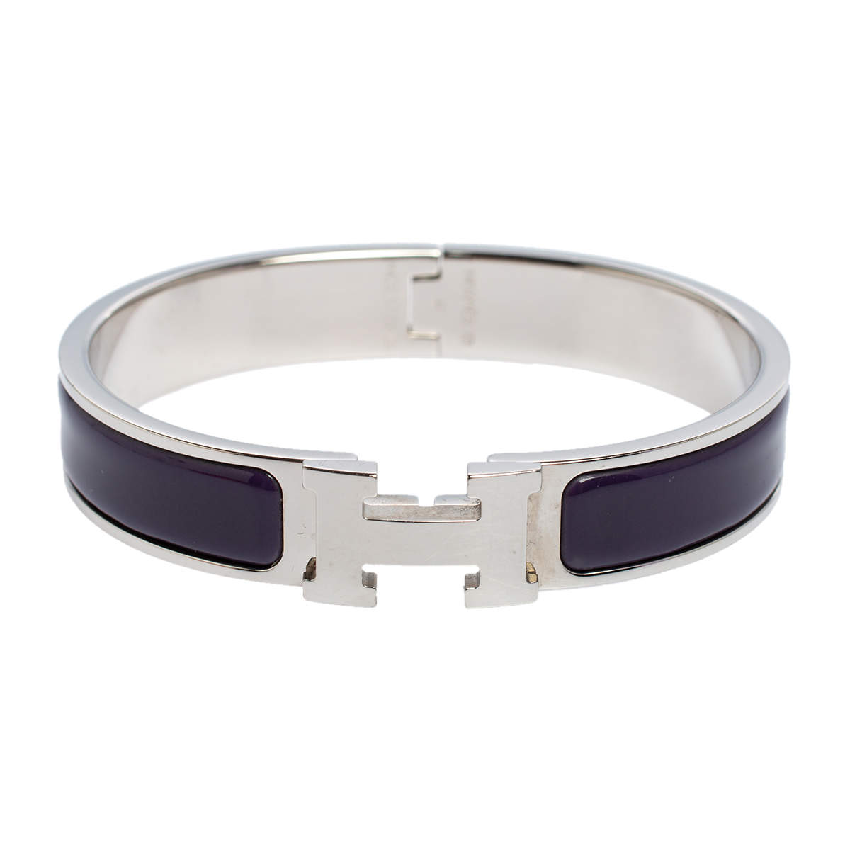 Pre Owned Hermès Clic H Purple Enamel Palladium Plated Narrow Bracelet PM 