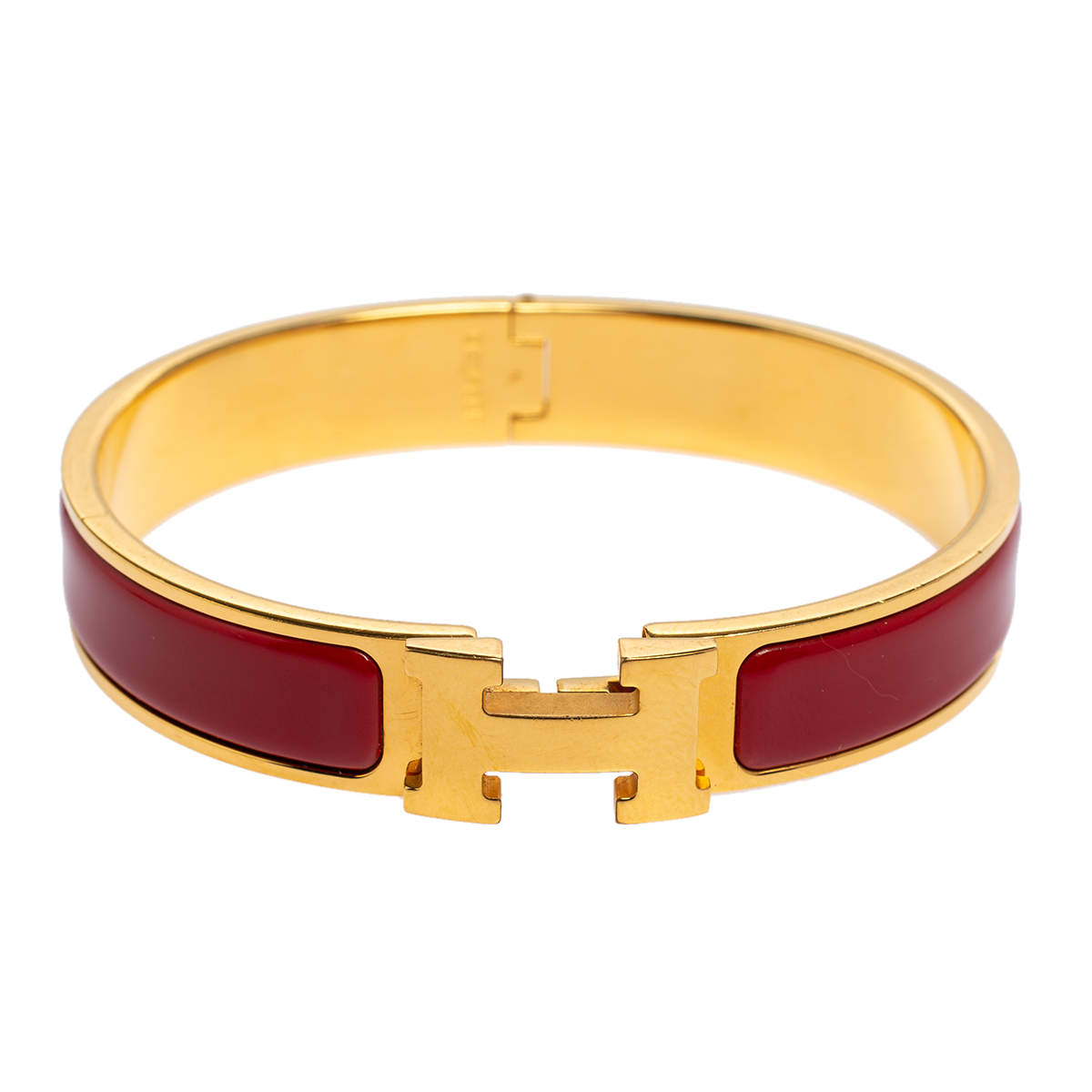 Pre Owned Hermès Clic H Red Enamel Gold Plated Narrow Bracelet PM