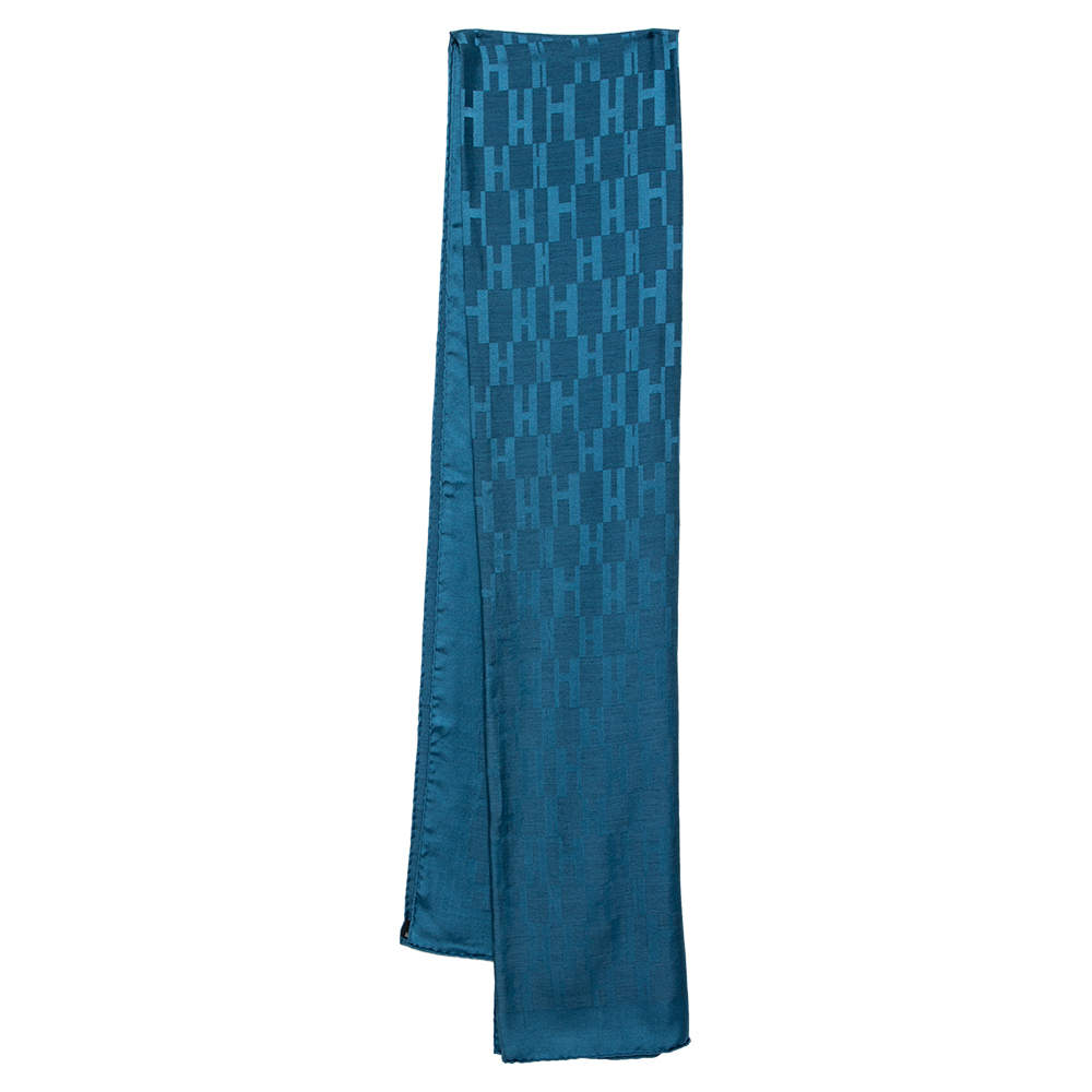 Hermès Blue Faconnee Grand H Silk Wool Scarf Hermes