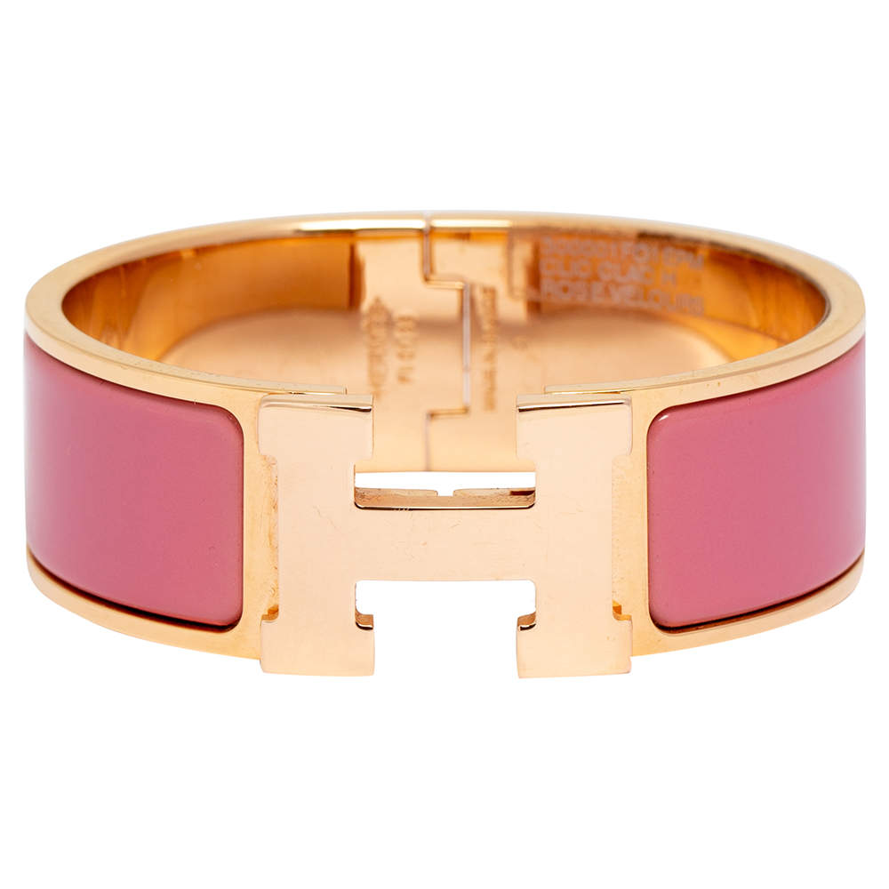 Pre Owned Hermès Clic Clac H Rose Velours Enamel Gold Plated Wide Bracelet PM