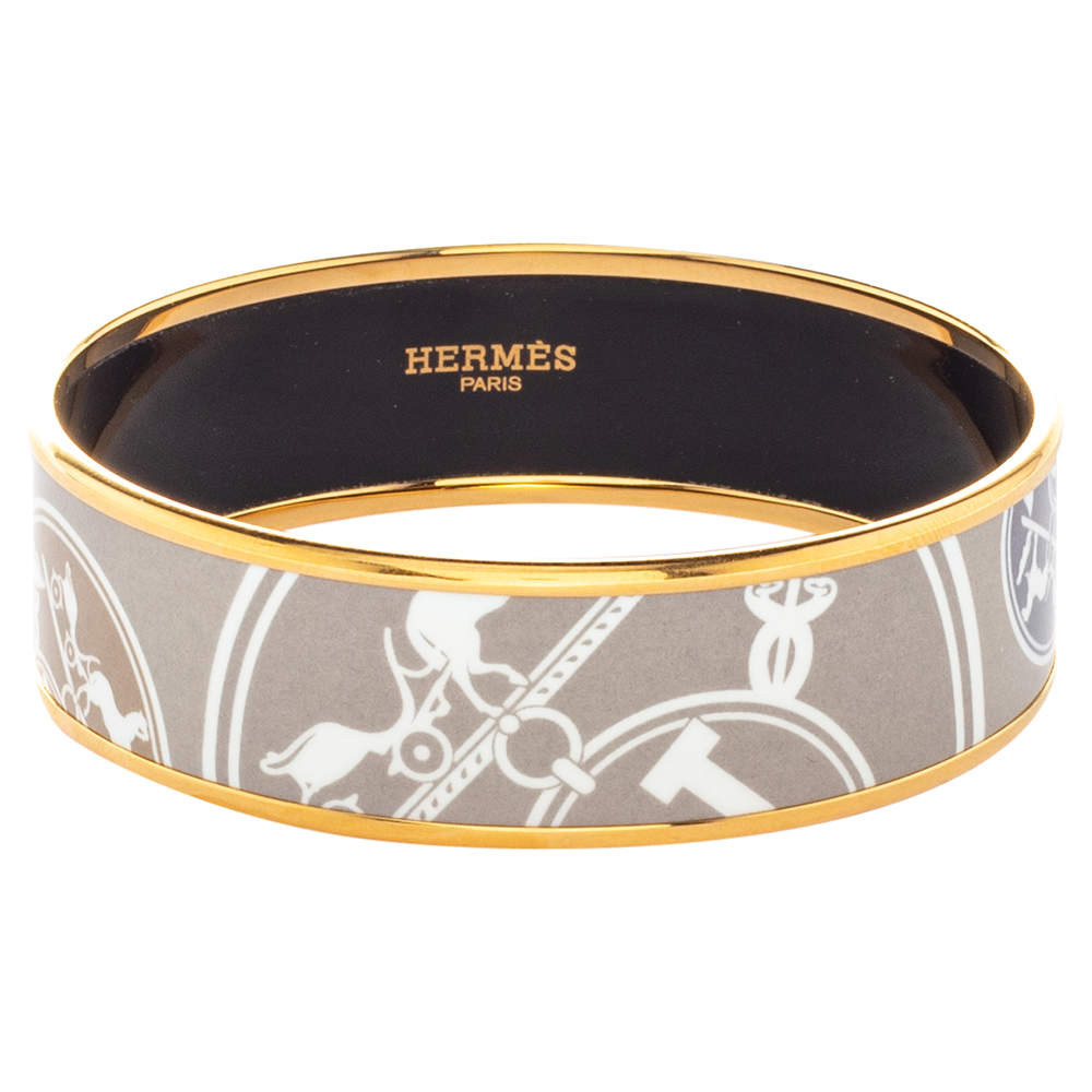 Hermes Gold Plated Confettis d'Ex Libris Enamel Printed Bangle Bracelet 