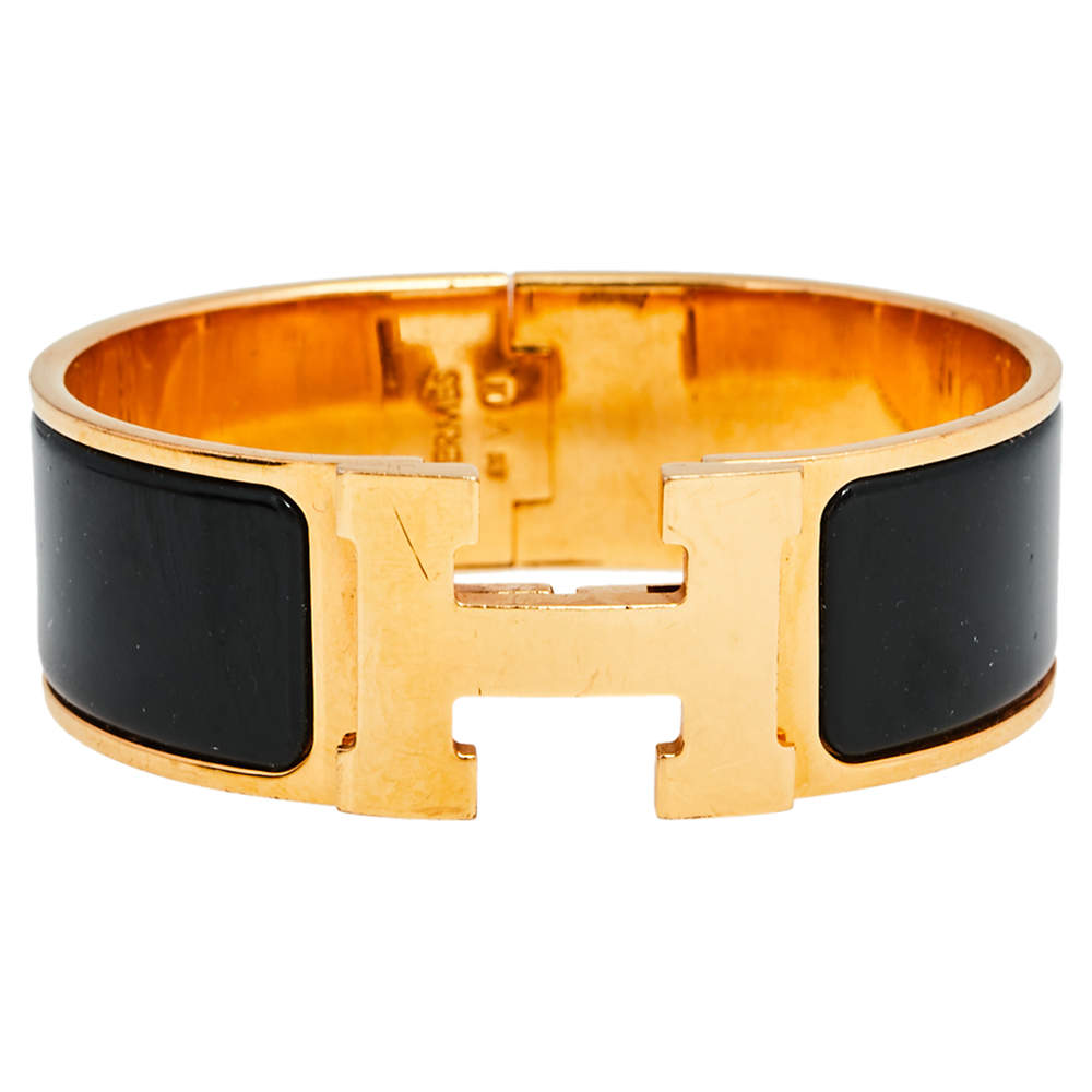 Pre Owned Hermès Clic Clac H Black Enamel Gold Plated Wide Bracelet 