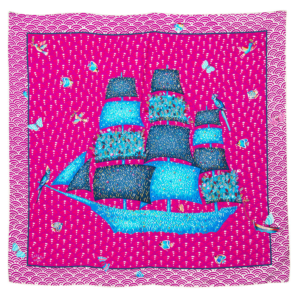 Pre Owned Hermes Fuschia Pink/Purple Bateau Fleuri Silk Square Scarf