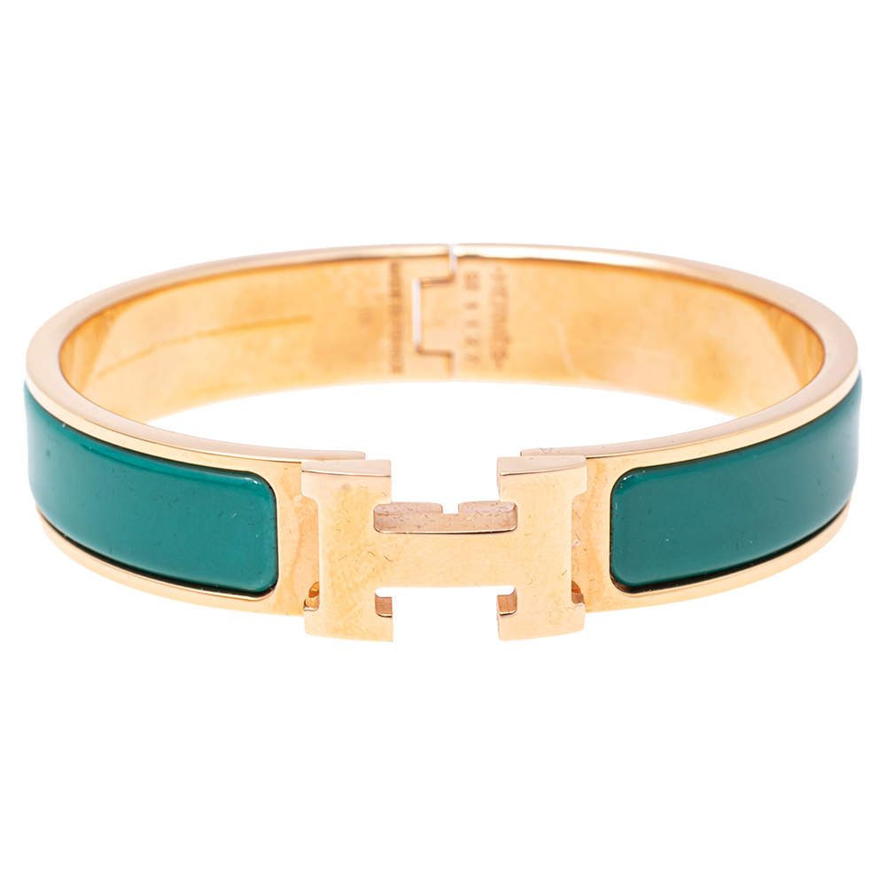 Pre Owned Hermès Clic H Green Enamel Gold Plated Narrow Bracelet PM
