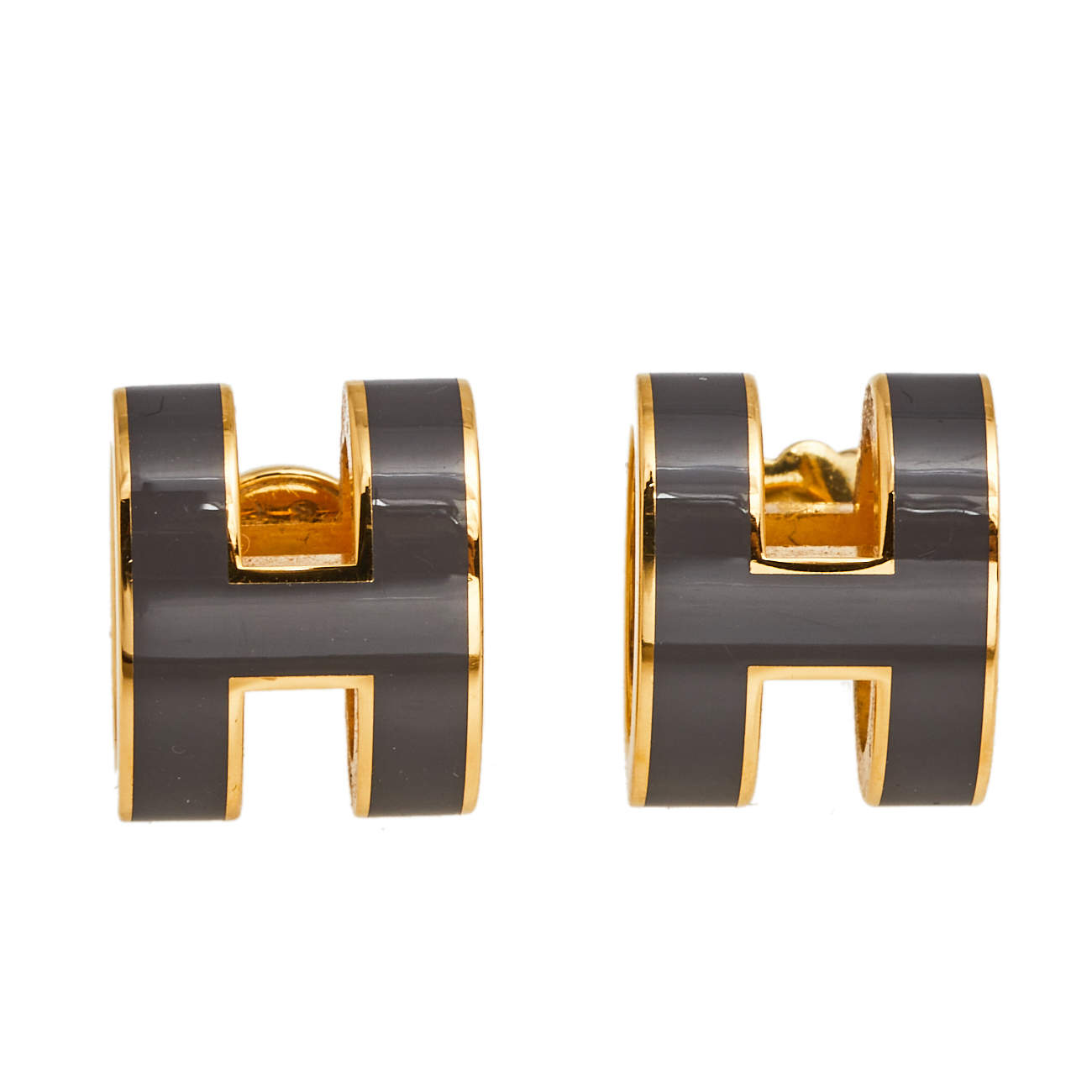 Pre Owned Hermès Pop H Grey Lacquered Gold Plated Stud Earrings