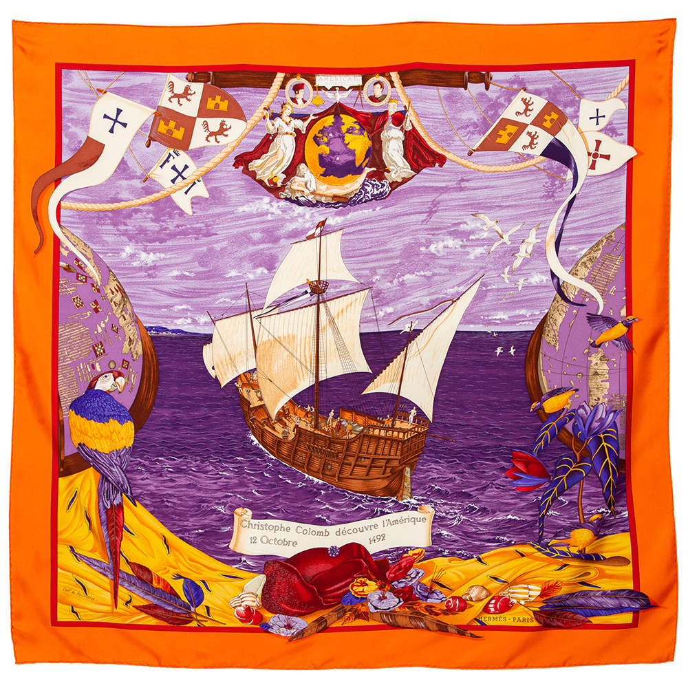 Pre Owned Hermes Orange Christophe Colomb Découvre l'Amerique Silk Square Scarf