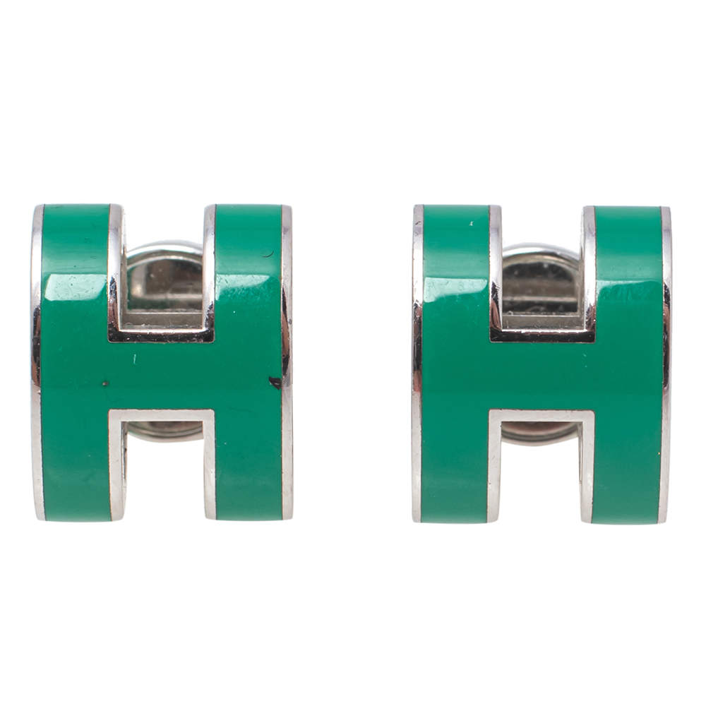Pre Owned Hermes Pop H Palladium Plated Green Lacquer Stud Earrings