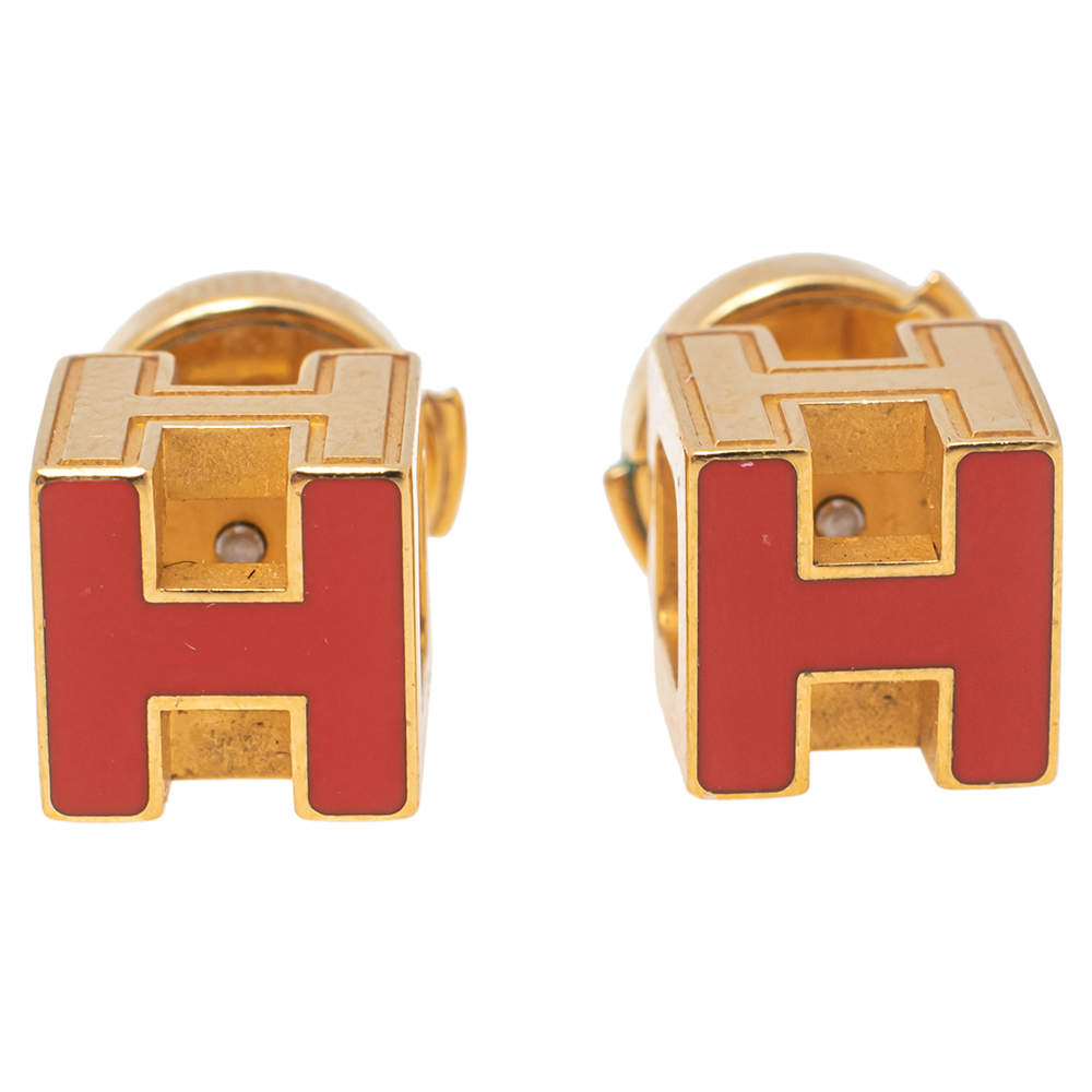 Pre Owned Hermes Cage d'H Gold Plated Red Lacquer Stud Earrings