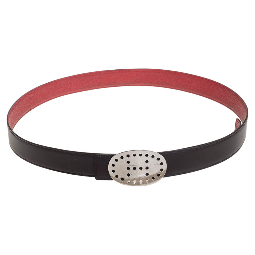 Pre Owned Hermes Moka/Vermillon Togo and Box Leather Evelyne Buckle Belt 105CM