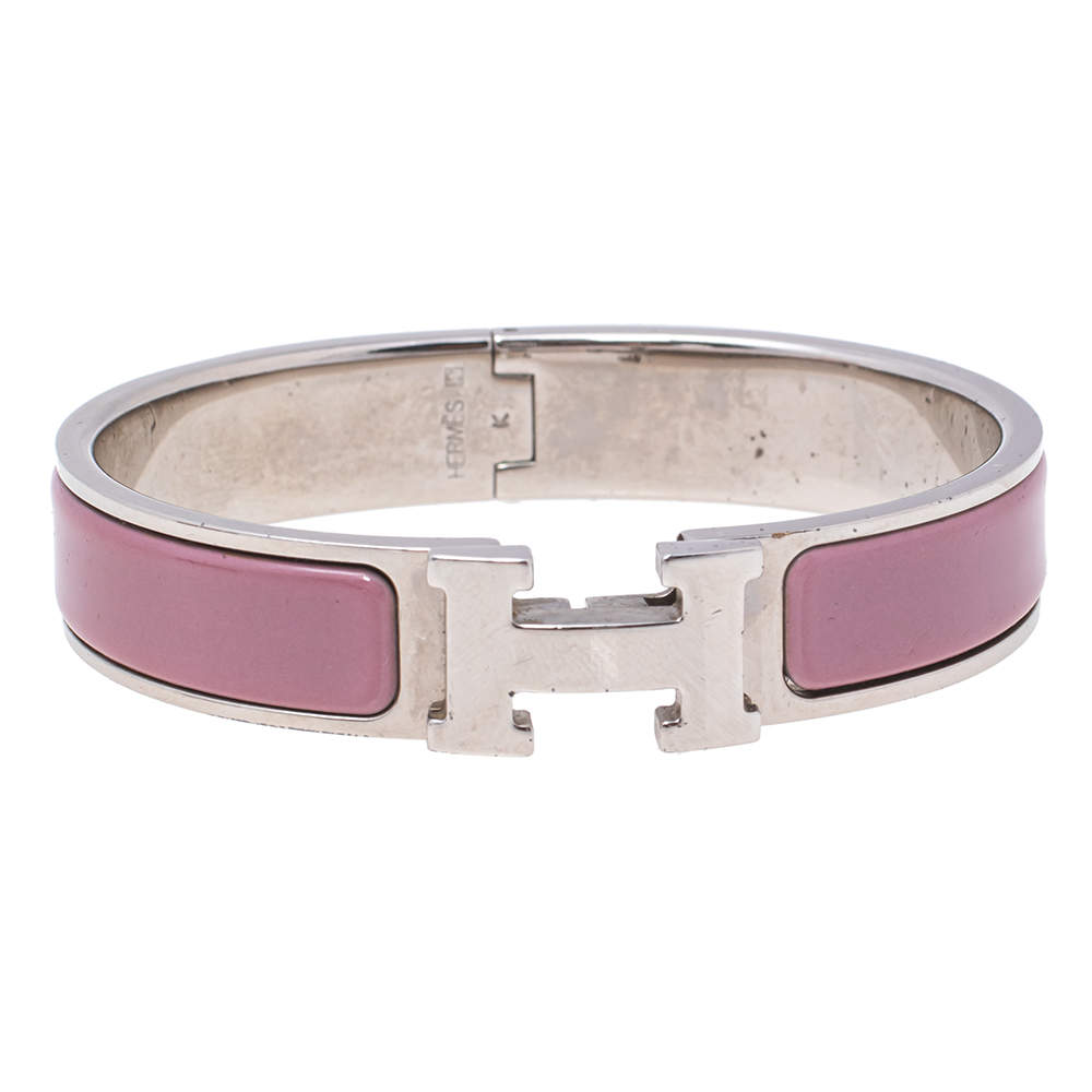 Pre Owned Hermès Clic H Lilac Enamel Palladium Plated Narrow Bracelet PM