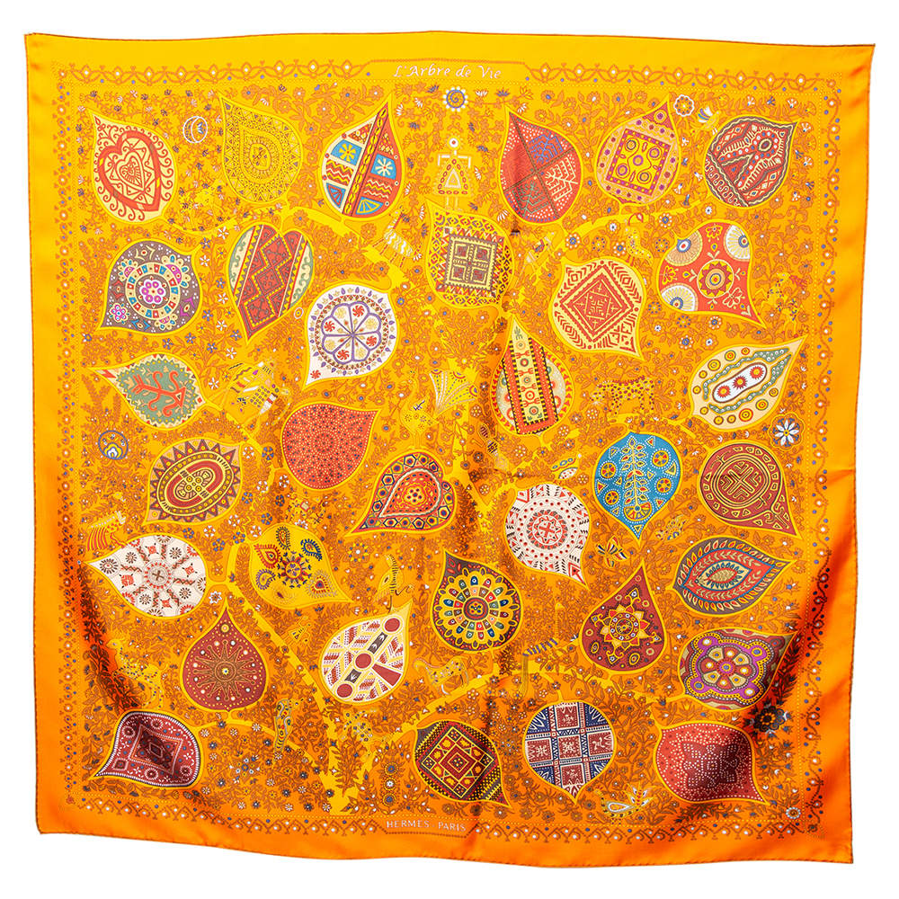Pre Owned Hermès Orange L' Arbre de Vie Silk Scarf