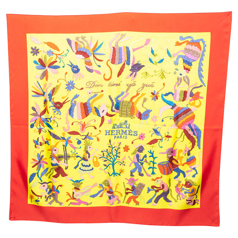 Pre Owned Hermès Yellow & Red Din Tini Ya Zue Silk Scarf