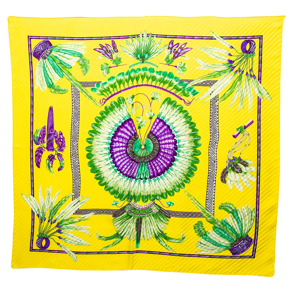 Pre Owned Hermès Yellow Brazil Plisse Silk Scarf