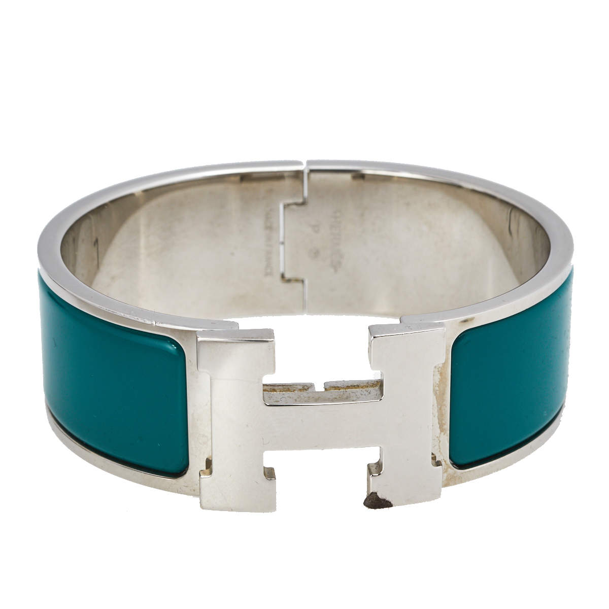 Pre Owned Hermès Clic Clac H Green Enamel Palladium Plated Wide Bracelet PM