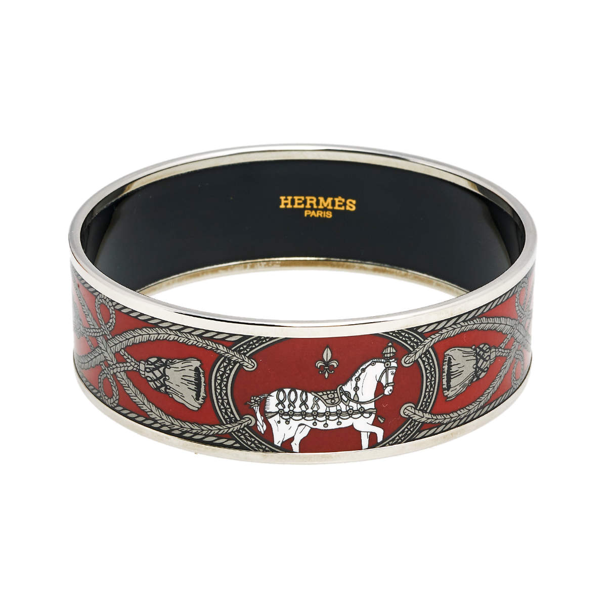 Pre Owned Hermès Red Grand Apparat Enamel Palladium Plated Wide Bangle Bracelet