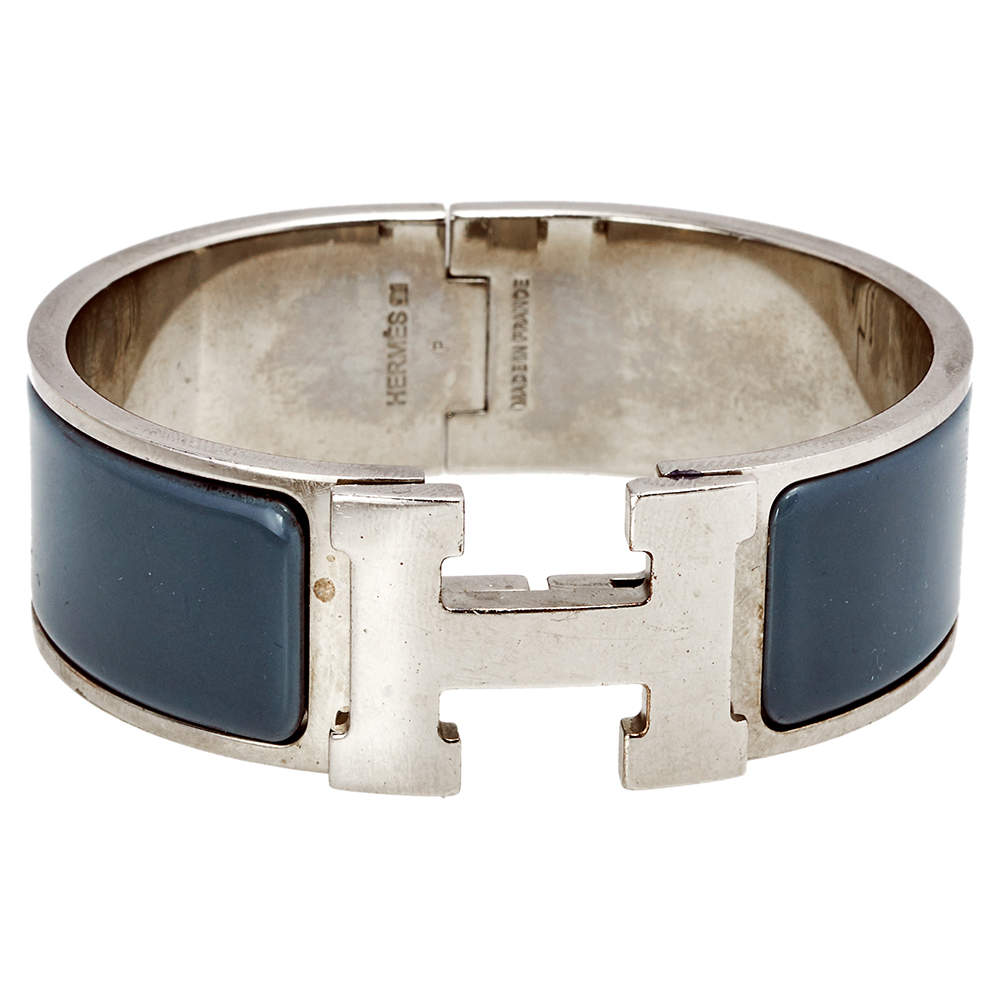 Pre Owned Hermès Clic Clac H Grey Enamel Palladium Plated Wide Bracelet