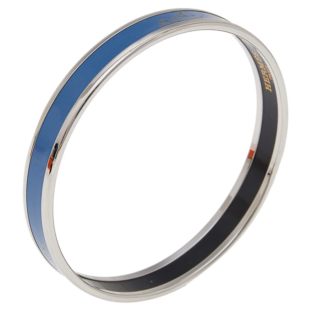 Pre Owned Hermès Calèche Light Blue Enamel Palladium Plated Bangle Bracelet