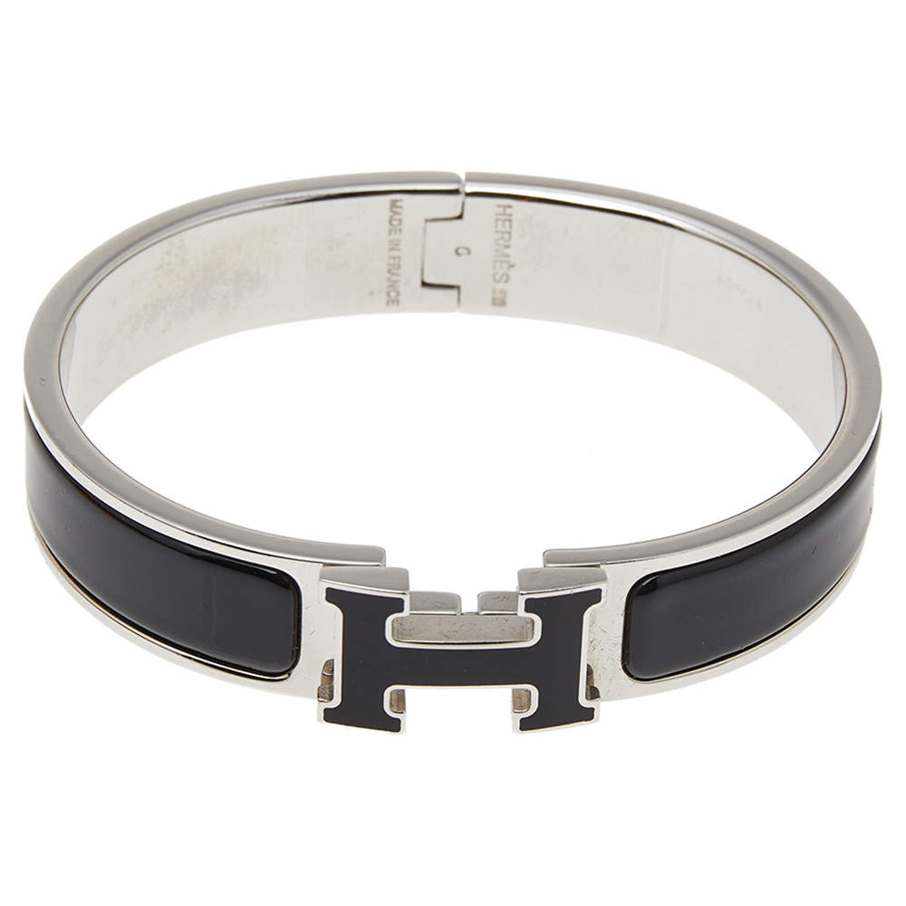 Pre Owned Hermès Clic H Black Enamel Palladium Plated Narrow Bracelet