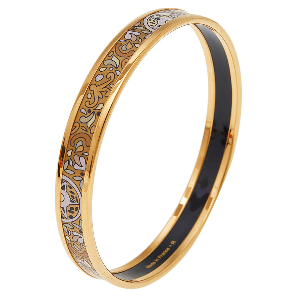 Pre Owned Hermès Gold Printed Enamel Gold Plated Bangle Bracelet