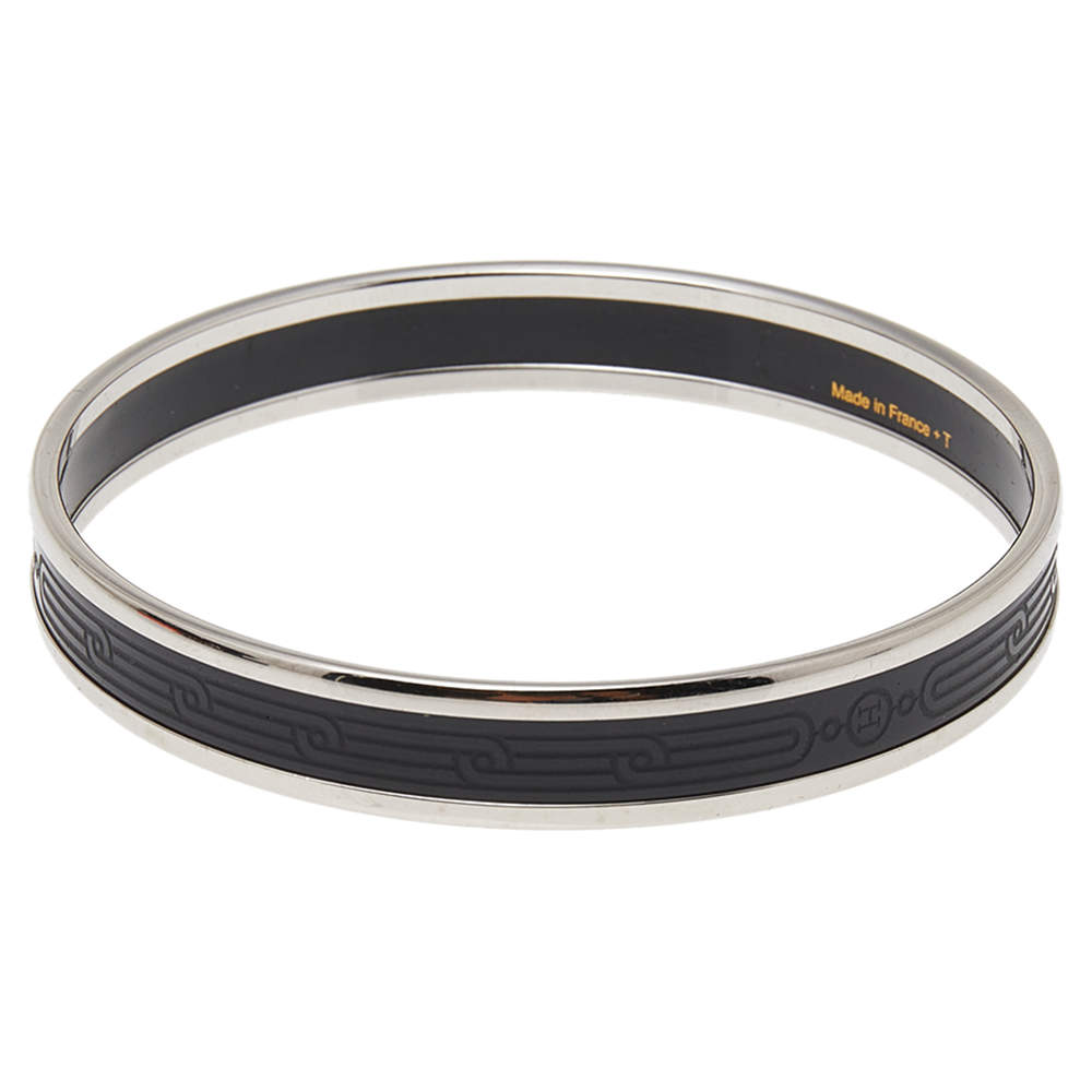 Pre Owned Hermès Black Engraved Enamel Sellier Narrow Bracelet