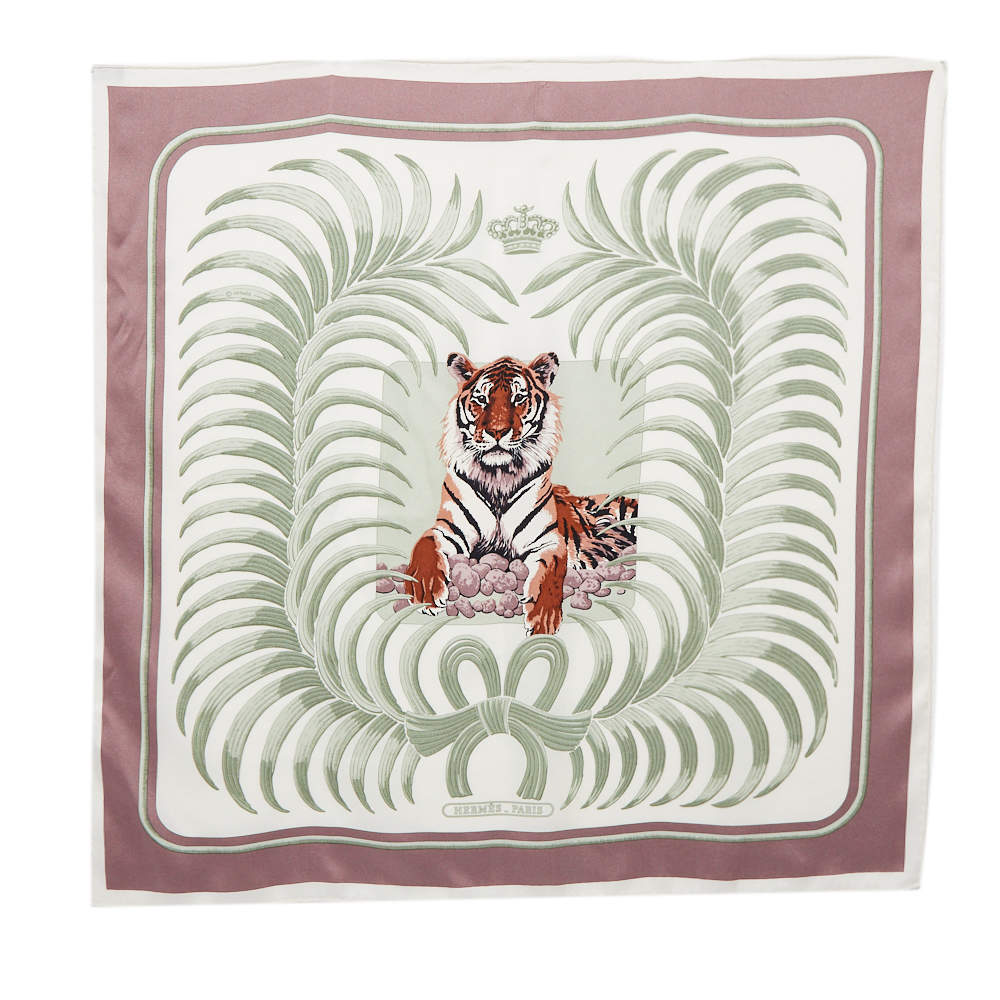 Pre Owned Hermès Pale Green & Mauve Le Tigre Royal Silk Scarf