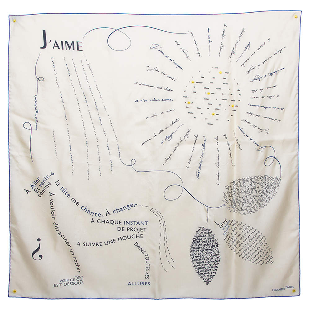Hermès Cream Embroidered & Printed Calligram Silk Scarf