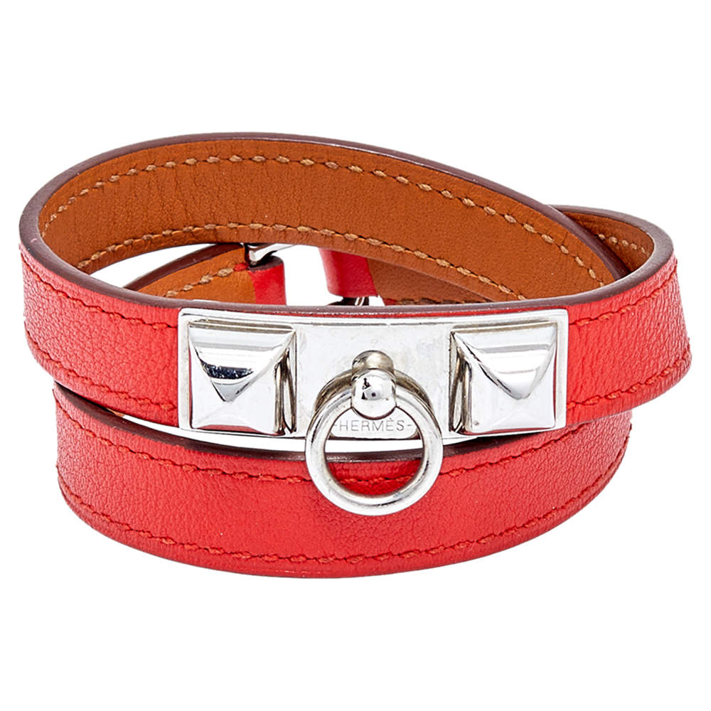 Pre Owned Hermès Orange Leather Palladium Plated Micro Rivale Double Tour Bracelet M