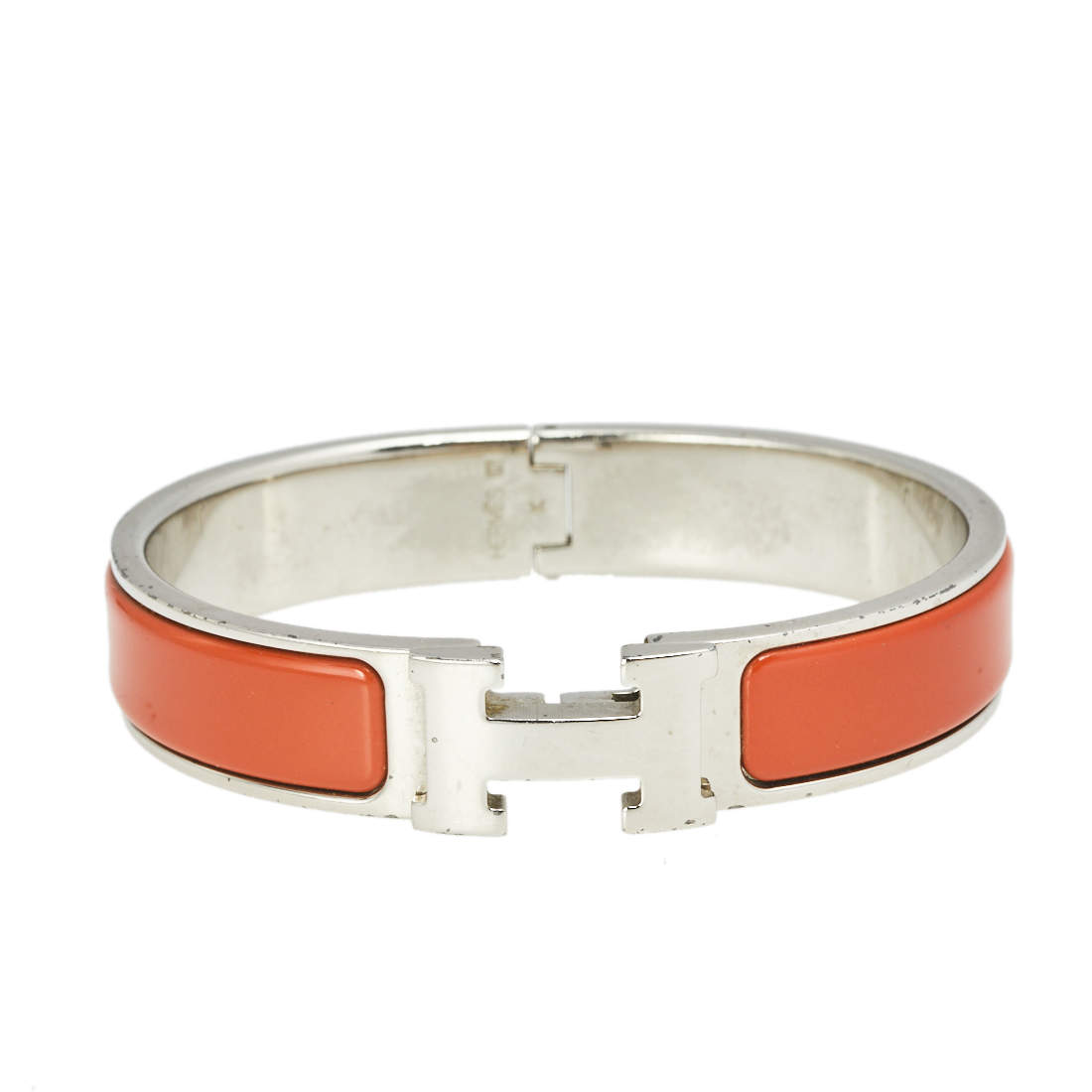 Pre Owned Hermès Clic H Palladium Plated Orange Enamel Narrow Bracelet