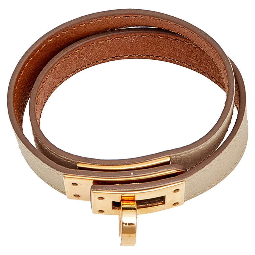 Hermes Natural Leather & Plated Gold Unisex Bracelet Tournis New! - poupishop