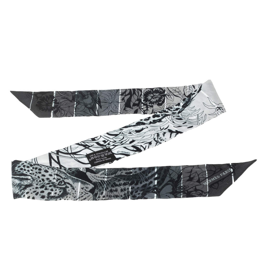 Pre Owned Hermes Grey Jungle Love Rainbow Silk Twilly