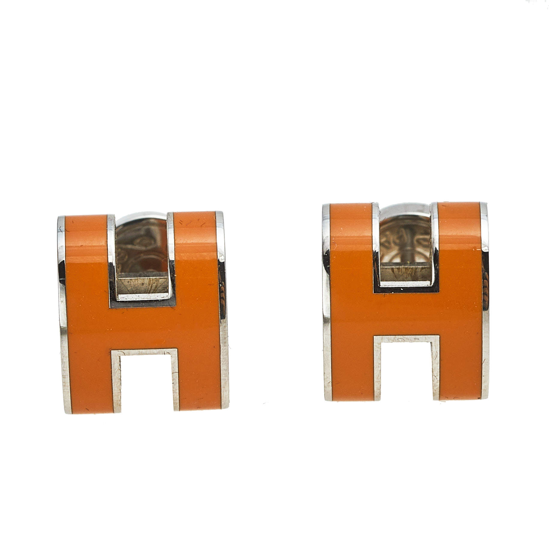 Pre Owned Hermès Pop H Orange Lacquered Palladium Plated Stud Earrings