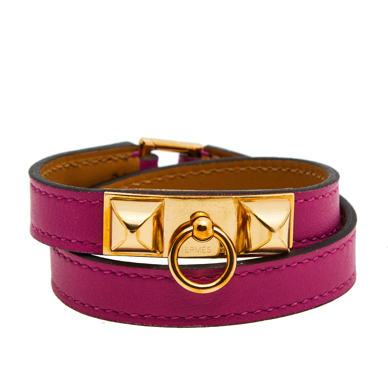 Pre Owned Hermes Rivale Double Tour Gold Tone Metal Pink Leather Bracelet T3