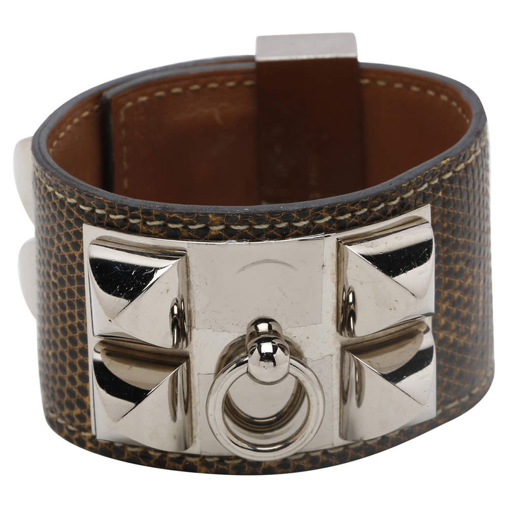Hermes Brown Leather Lizard Collier de Chien Wide Bracelet 