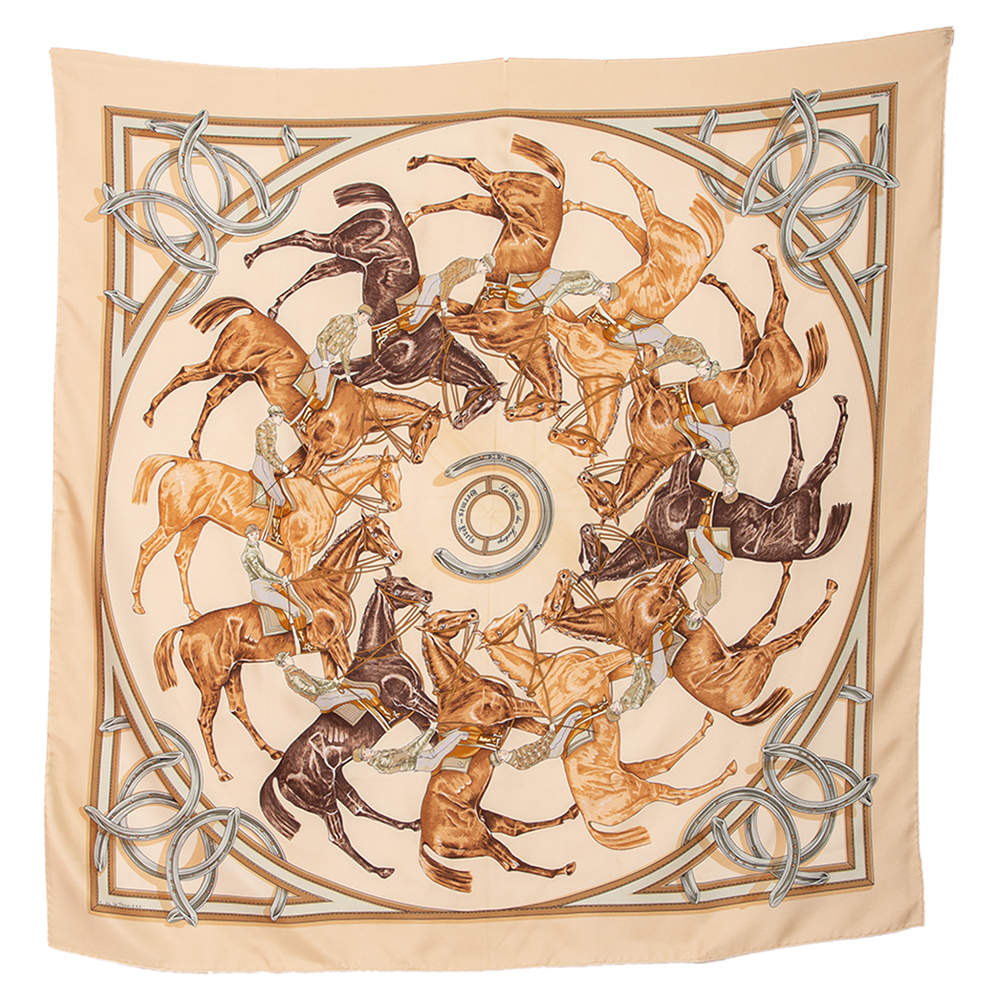 Pre Owned Hermes Beige La Ronde Des Jockeys Silk Square Scarf