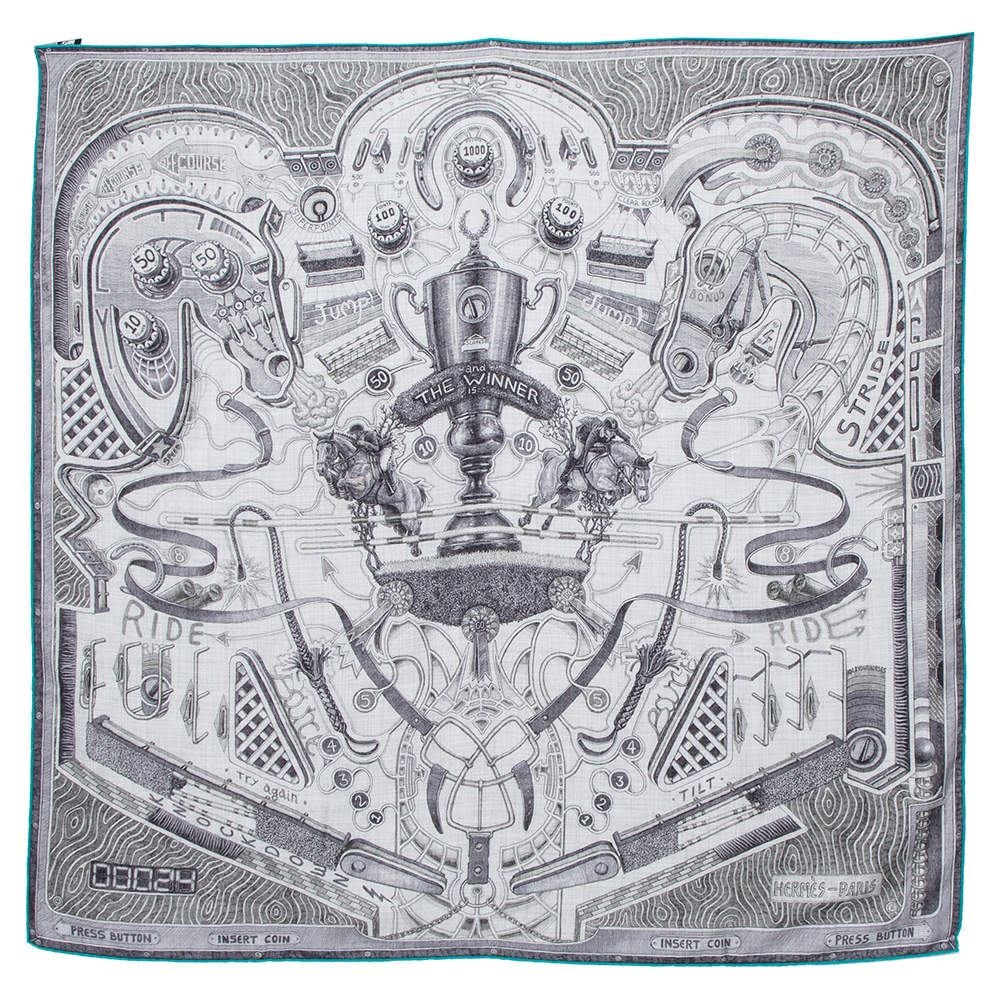 Pre Owned Hermès Grey The Winner Is Cashmere Silk Scarf