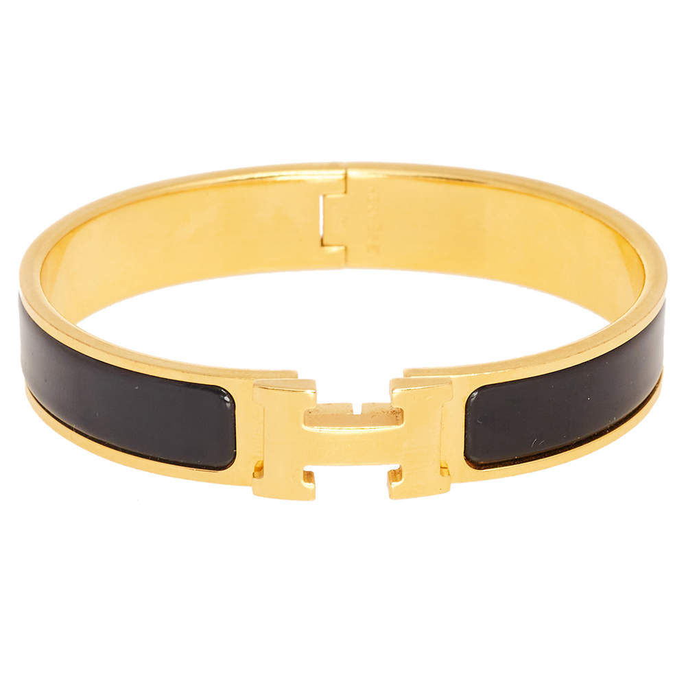 Pre Owned Hermes Clic H Gold Plated Black Enamel Cuff Bracelet PM