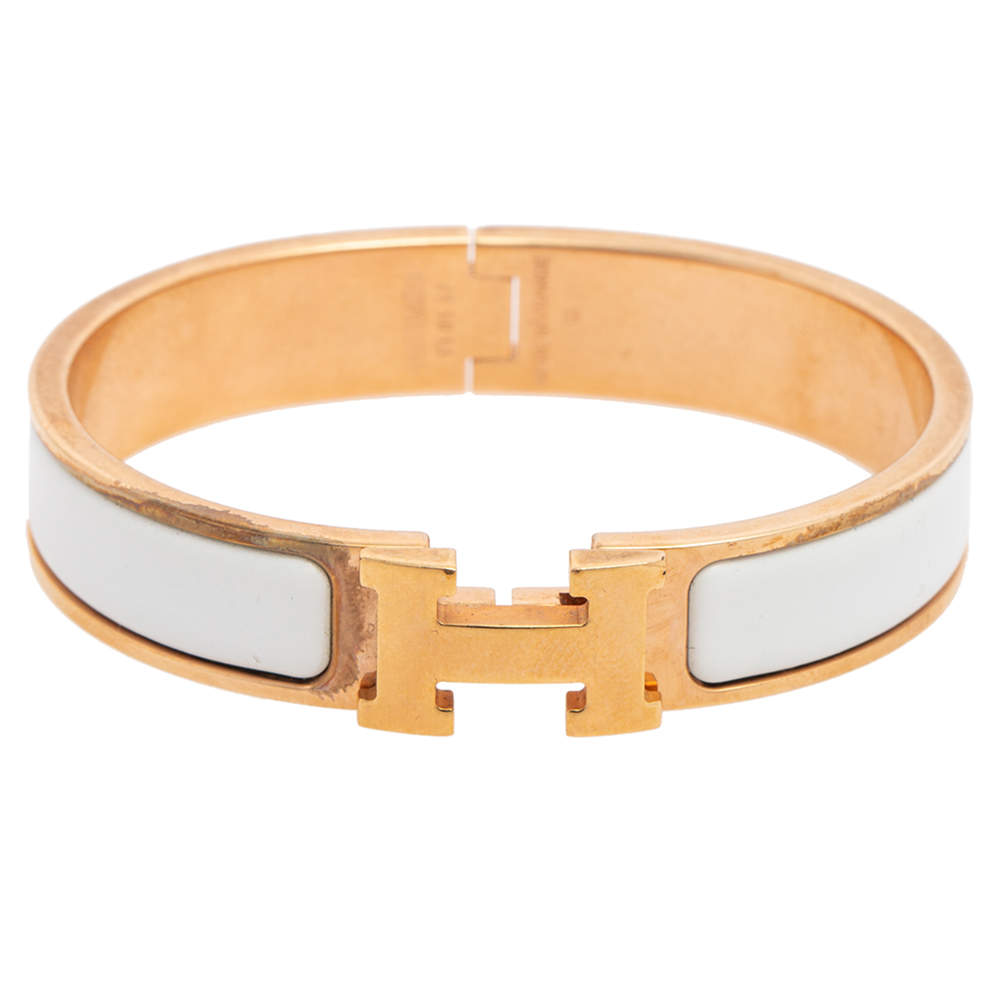 Pre Owned Hermes White Enamel Gold Plated Clic H Bracelet
