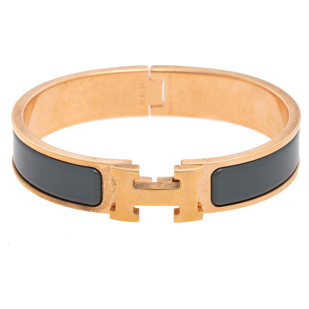 Pre Owned Hermes Grey Enamel Gold Plated Clic H Bracelet