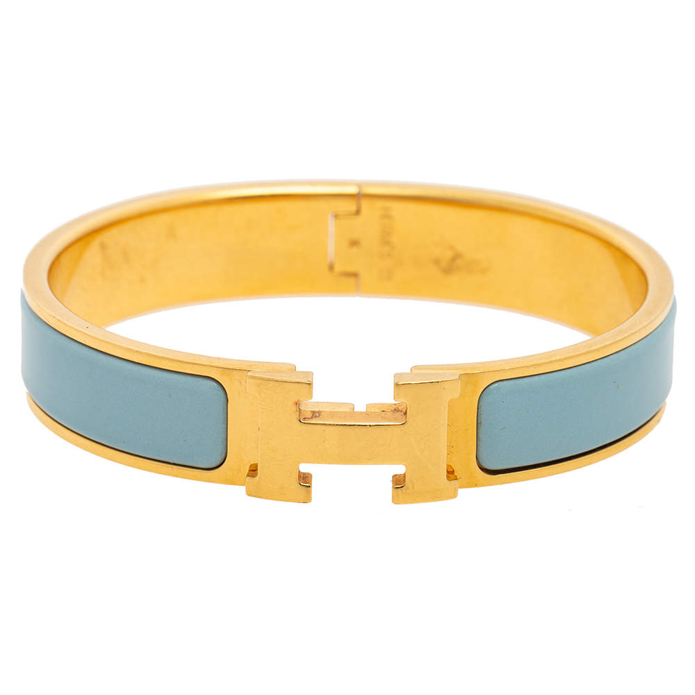 Pre Owned Hermes Blue Enamel Gold Plated Clic H Bracelet